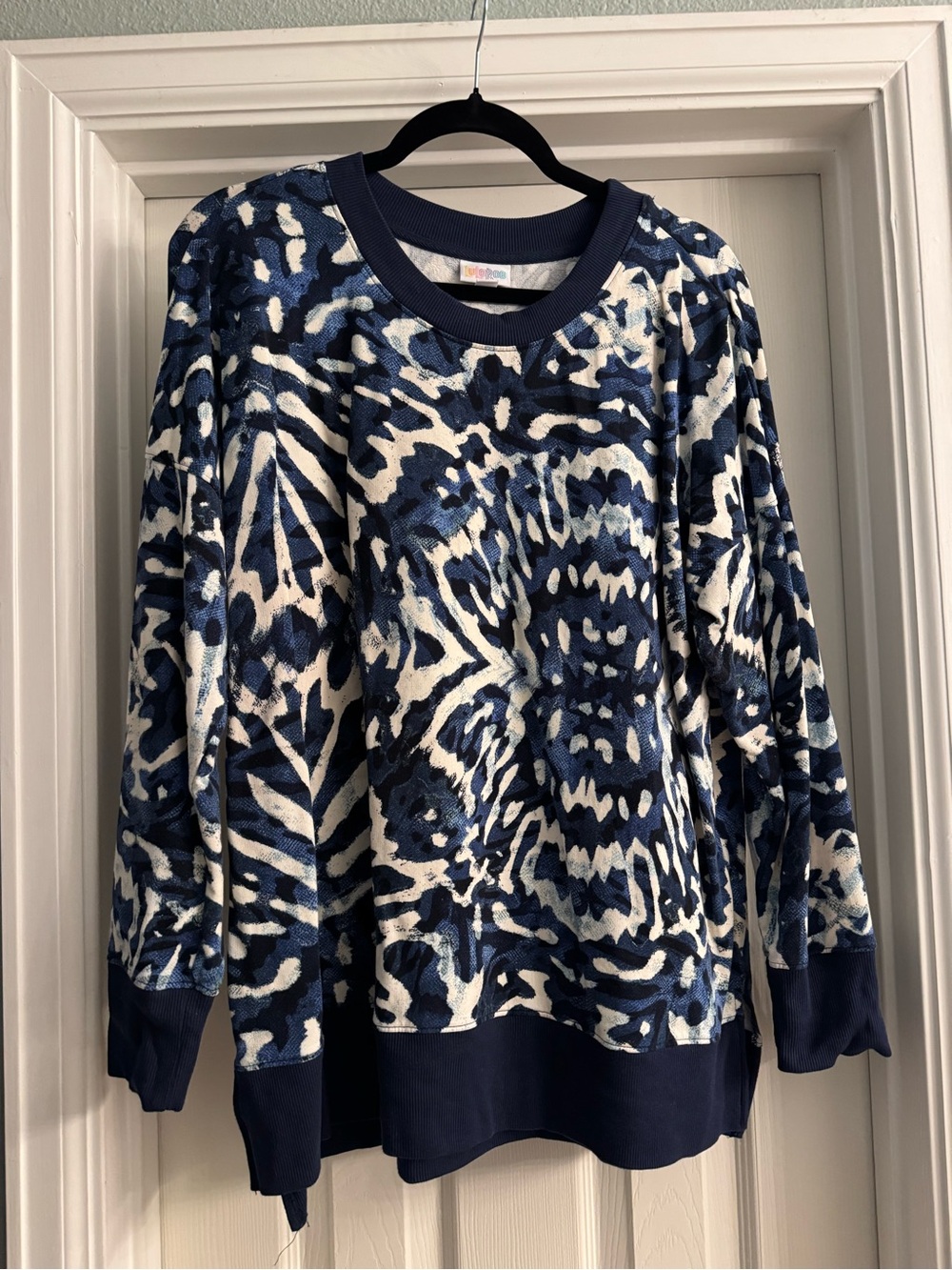 LuLaRoe original Hannah Navy and White Abstract Animal Print Sweatshirt